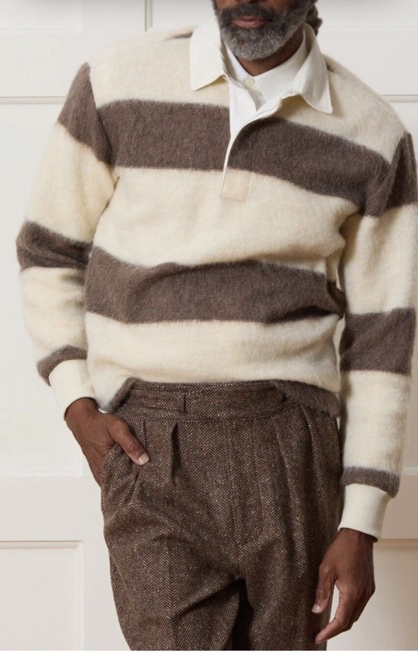 Todd Snyder Brushed Mohair Rugby Polo Sweater Nautural Tan Men’s XXL Stripe